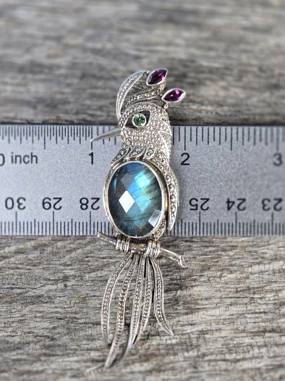 Nicky Butler Silver Parrot Brooch with Blue-Green Labradorite and Purple Accents